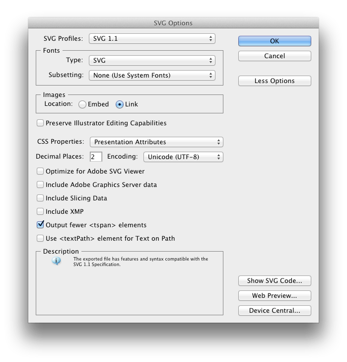 SVG Options Illustrator Dialog