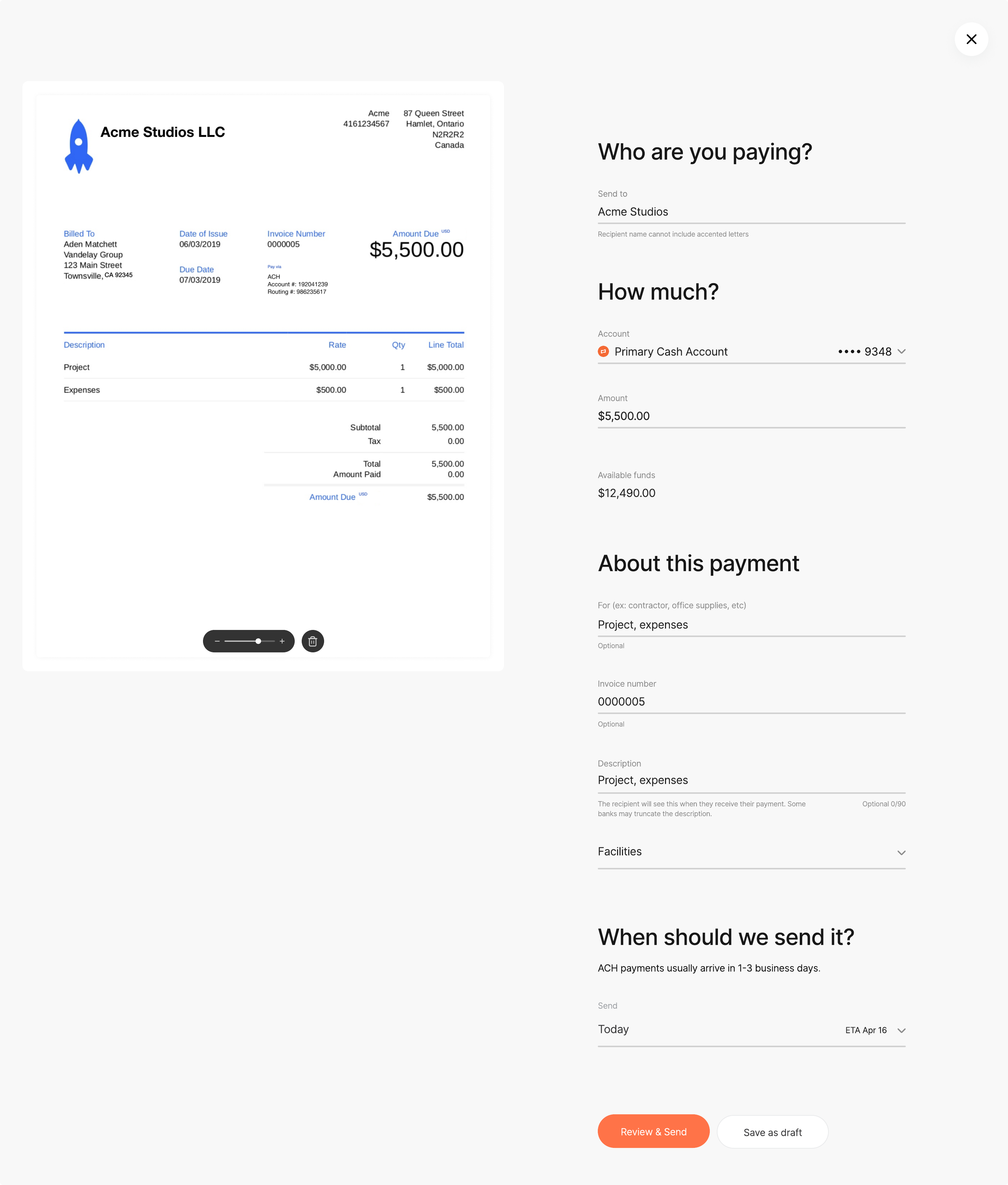 Brex Bill Pay send flow