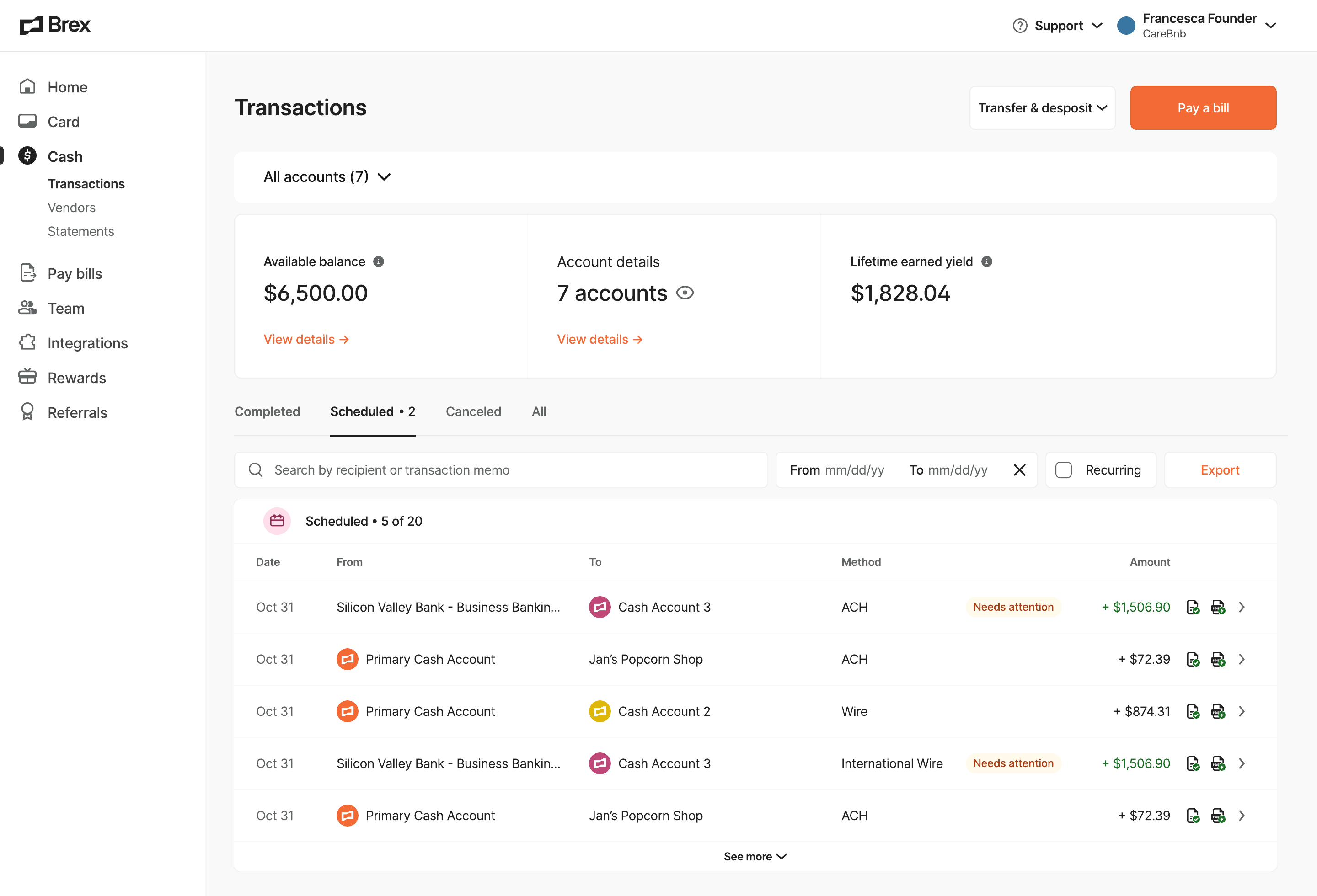Brex Cash transactions dashboard