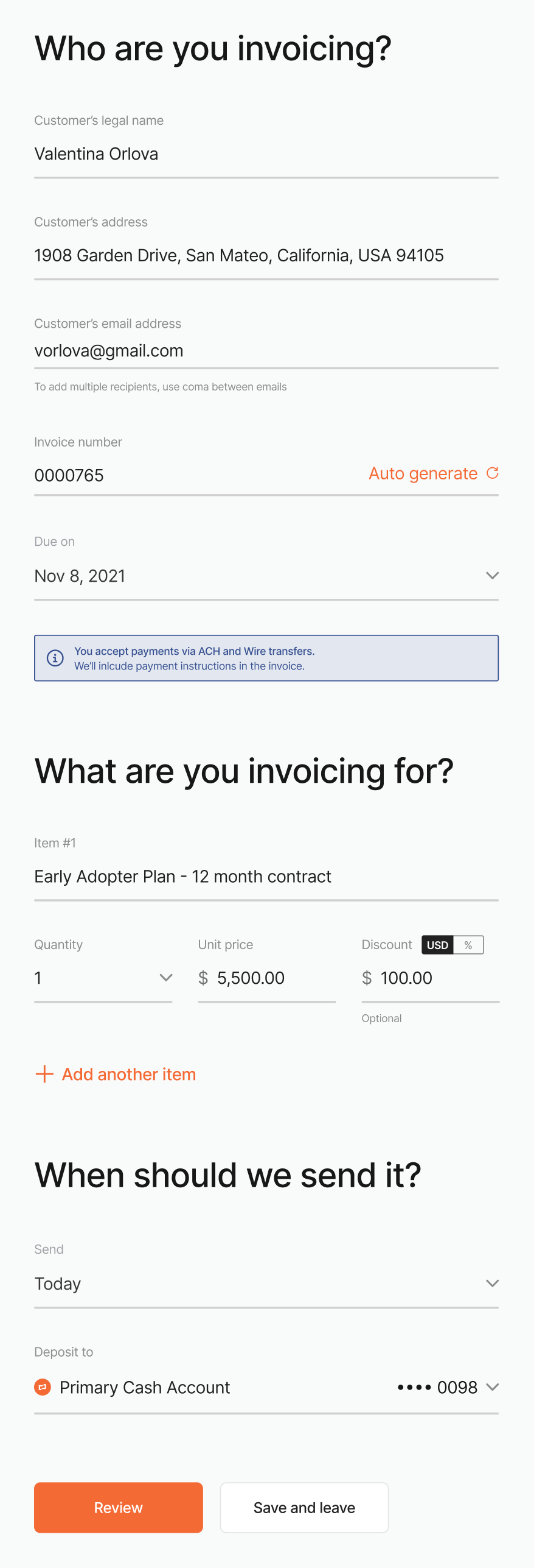 Brex invoice creation form