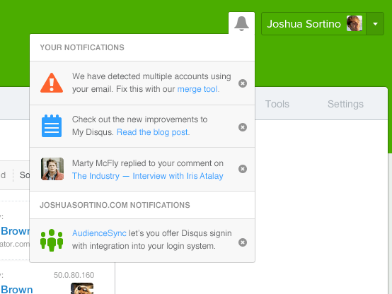 Disqus dashboard notifications design