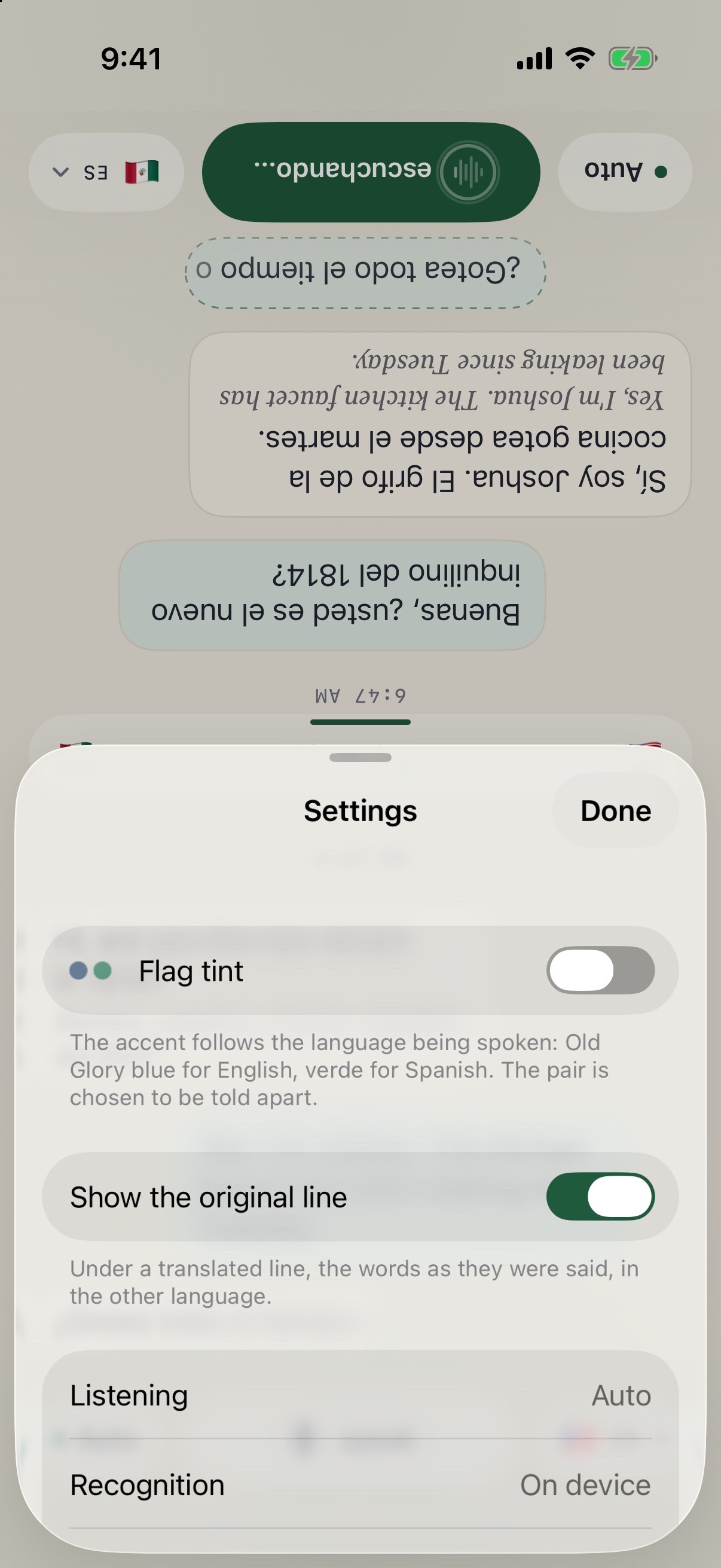 The settings sheet: flag tint, show the original line, the privacy line, and diagnostics
