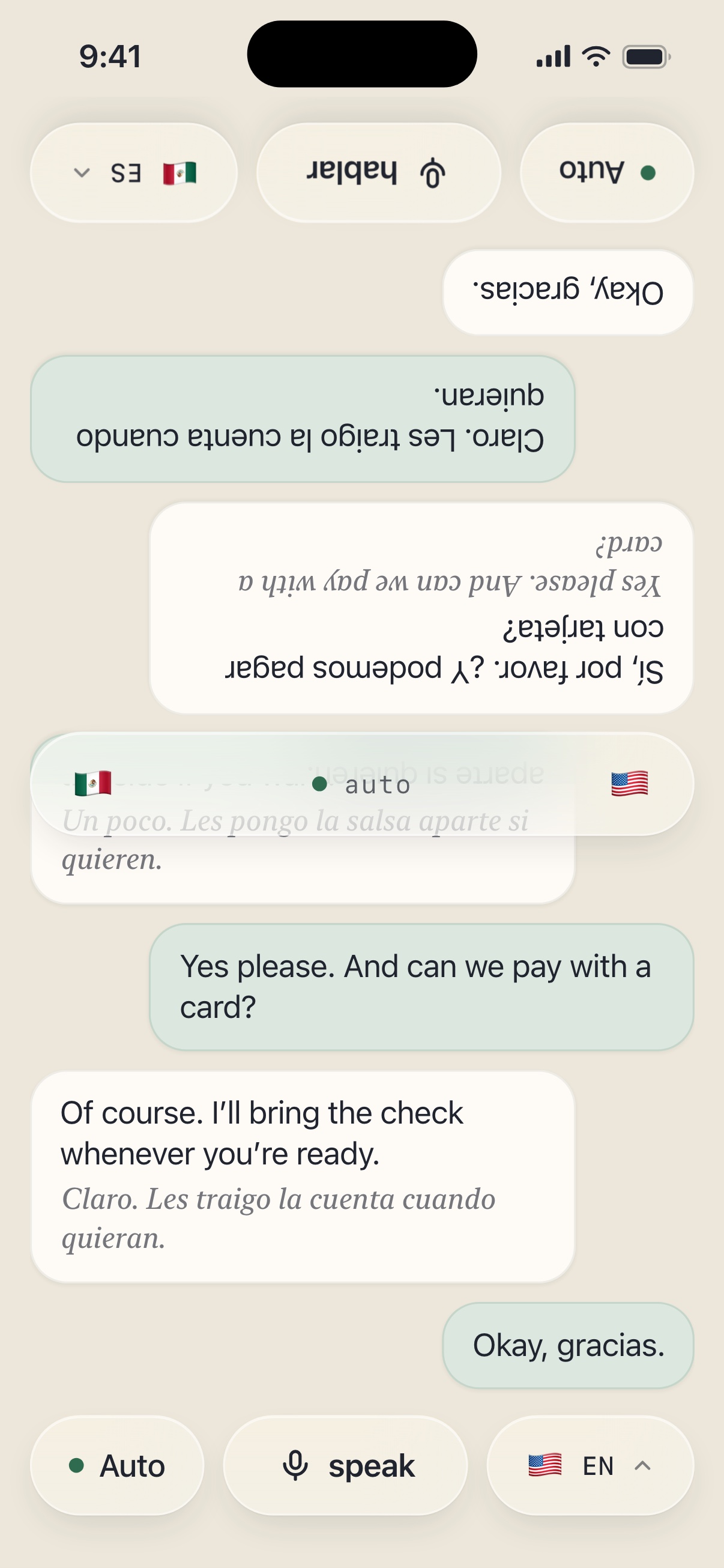 The 2-Way table annotated: the rotated far pane, the spine with both flags and the Auto chip, and the serif original line under a translated bubble