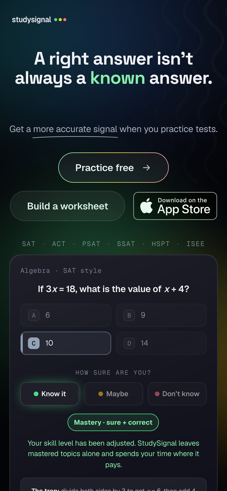The homepage demo card answered on a phone: Mastery, sure and correct