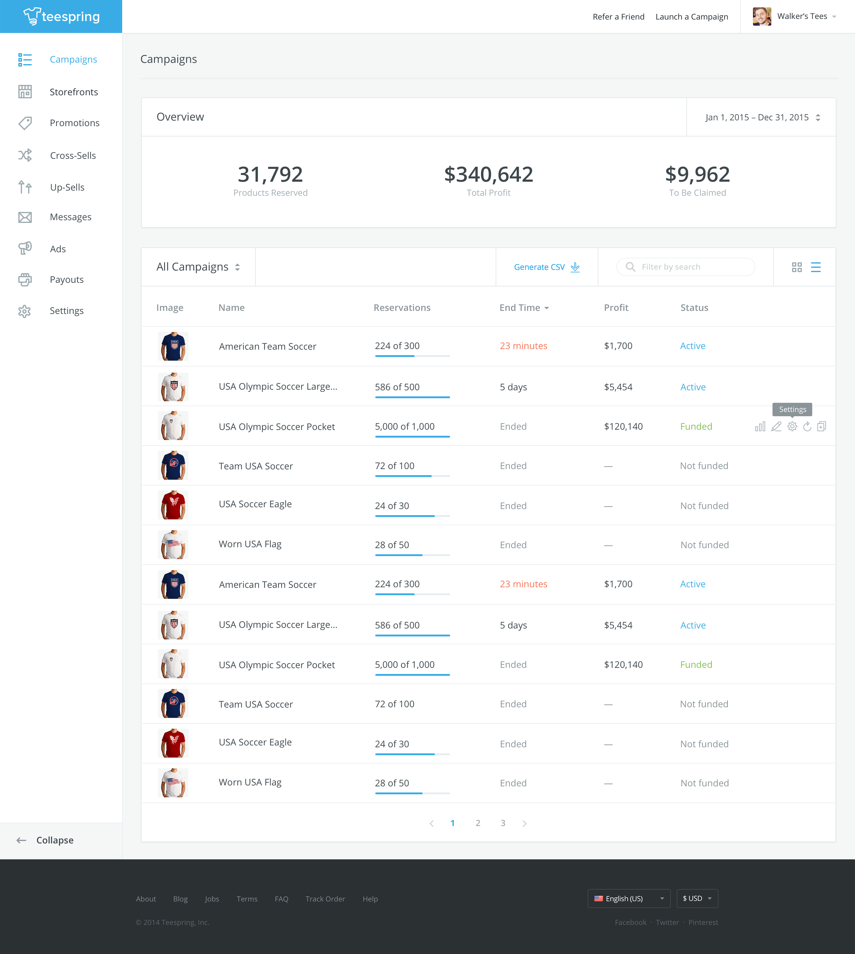 Teespring dashboard campaigns