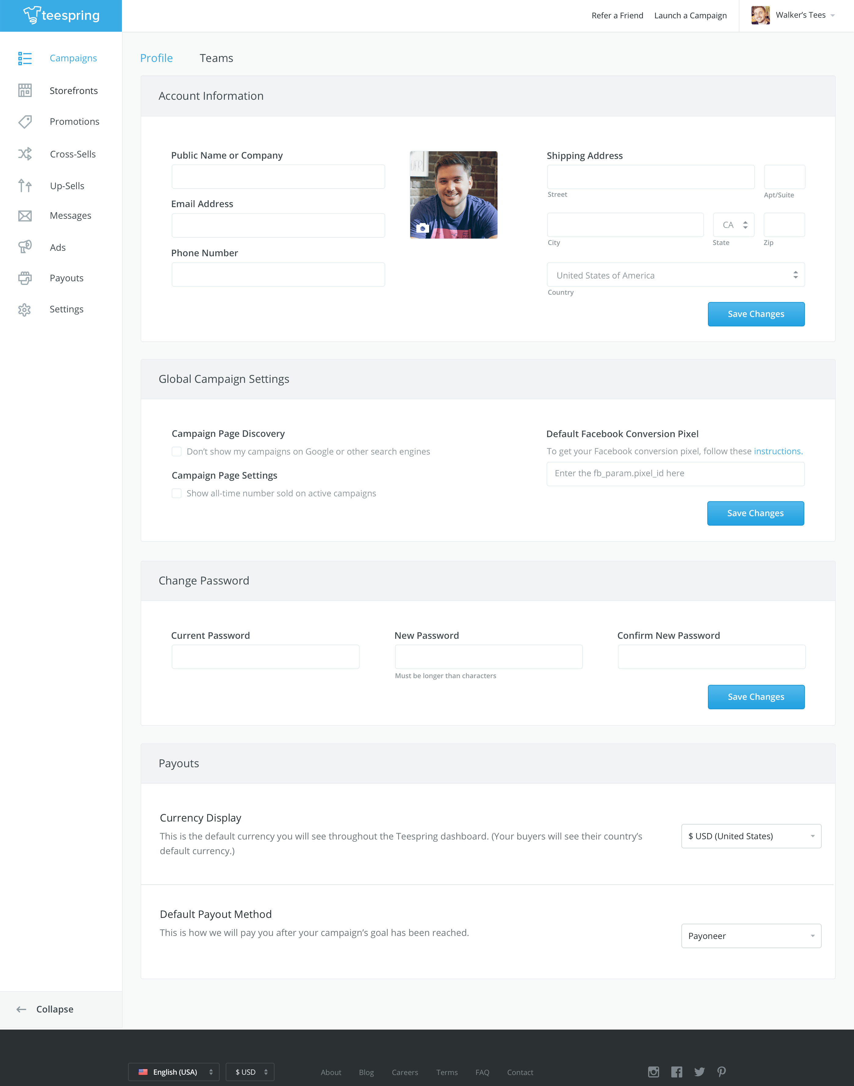 Teespring dashboard user settings